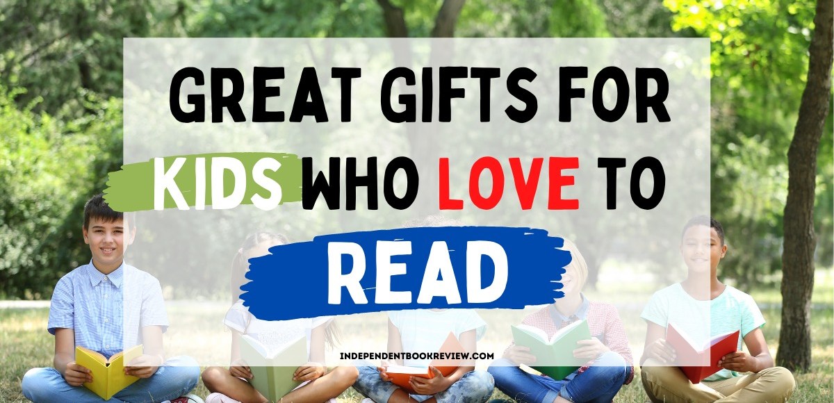 The text "great gifts for kids who love to read" over a group of children reading