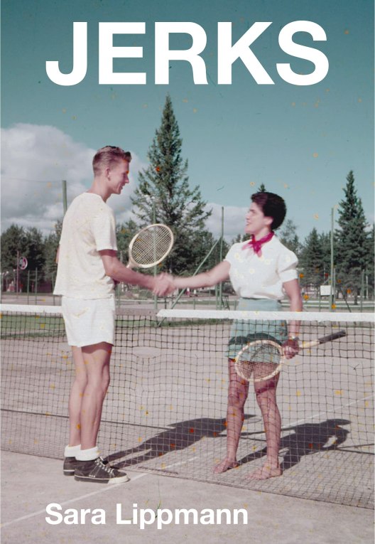 Jerks by Sara Lippman indie book cover which features two people dressed from the 80s shaking hands after tennis