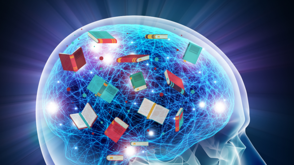 benefits of reading include getting smarter. A brain with books in it