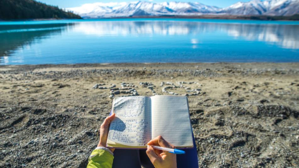 picture of a person writing in front of a lake for a book marketing post